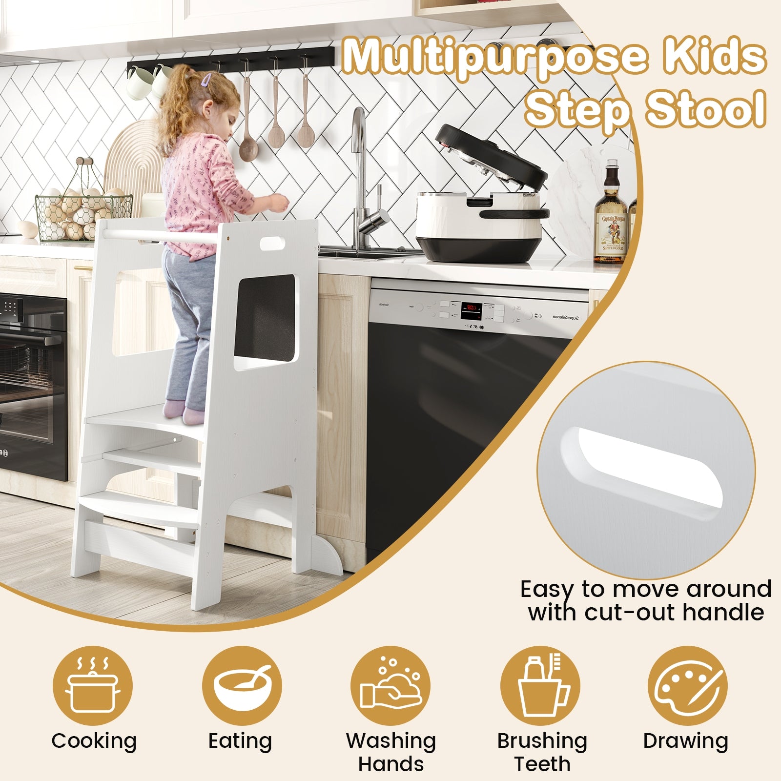 Toddler Kitchen Step Stool with Activity Chalkboard and Adjustable Height, White Toddler & Kids Furniture at Gallery Canada