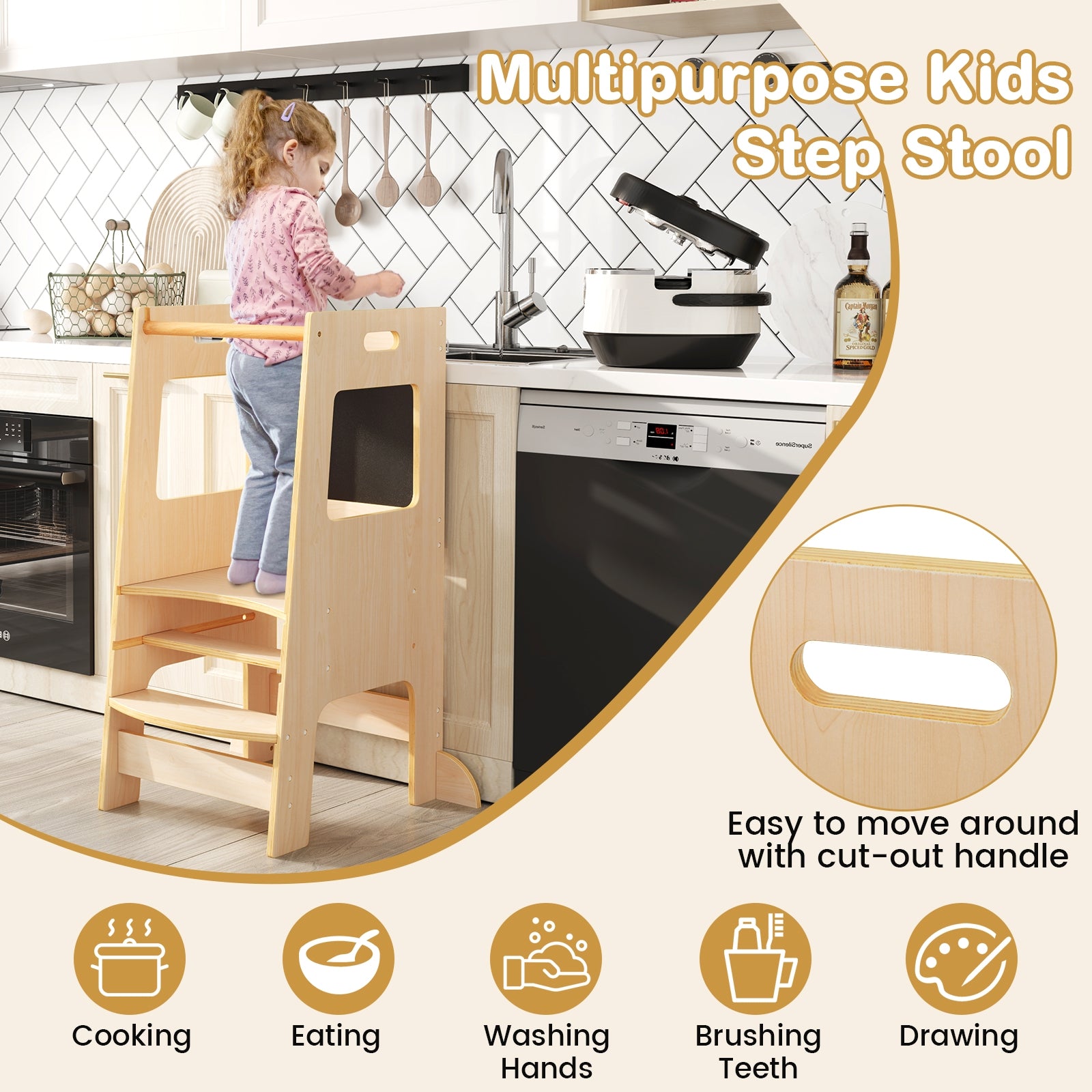 Toddler Kitchen Step Stool with Activity Chalkboard and Adjustable Height, Natural Toddler & Kids Furniture at Gallery Canada