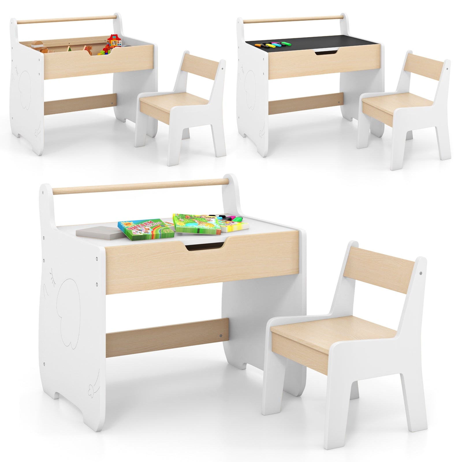 Kids Table and Chair Set with 2 in 1 Detachable Tabletop and Storage, White Kids Table & Chair Sets at Gallery Canada