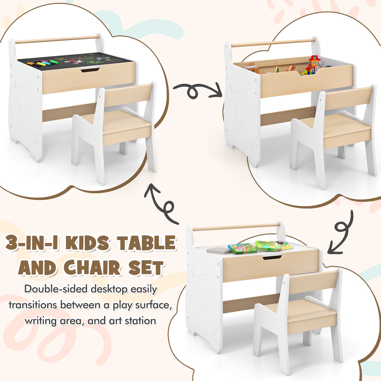 Kids Table and Chair Set with 2 in 1 Detachable Tabletop and Storage, White Kids Table & Chair Sets at Gallery Canada