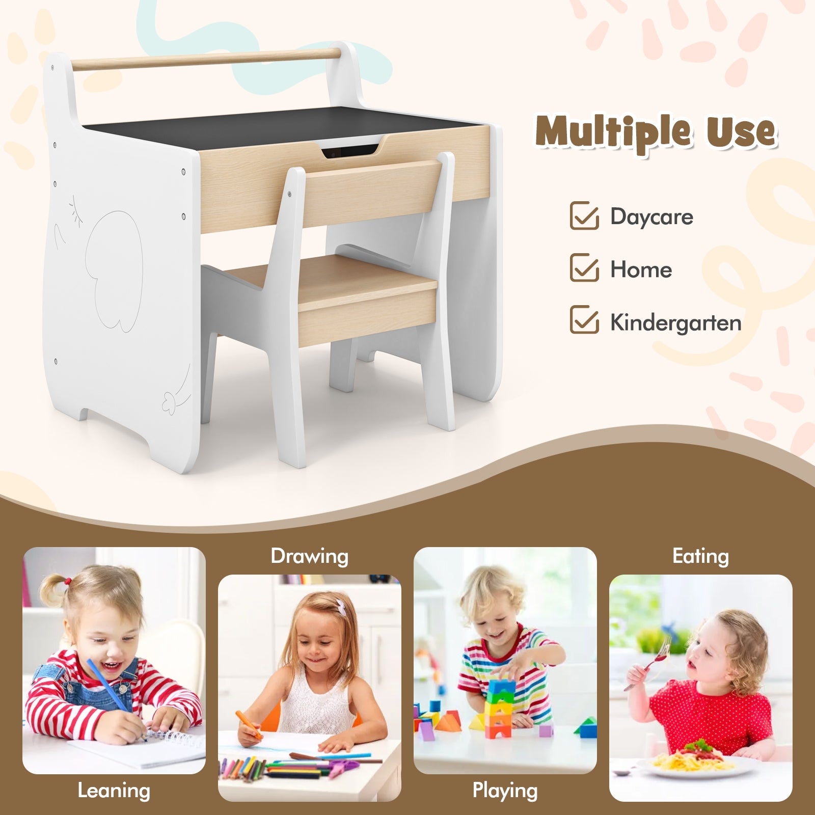 Kids Table and Chair Set with 2 in 1 Detachable Tabletop and Storage, White Kids Table & Chair Sets at Gallery Canada