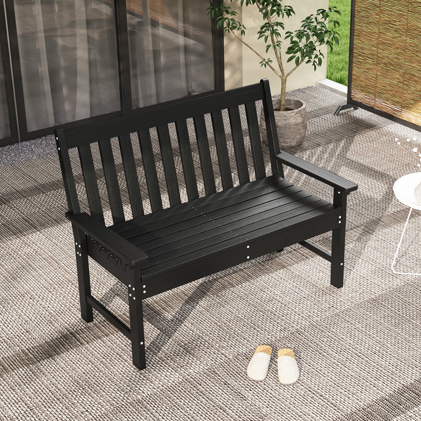 52 Inch All-Weather HDPE Outdoor Bench with Backrest and Armrests, Black Outdoor Benches at Gallery Canada