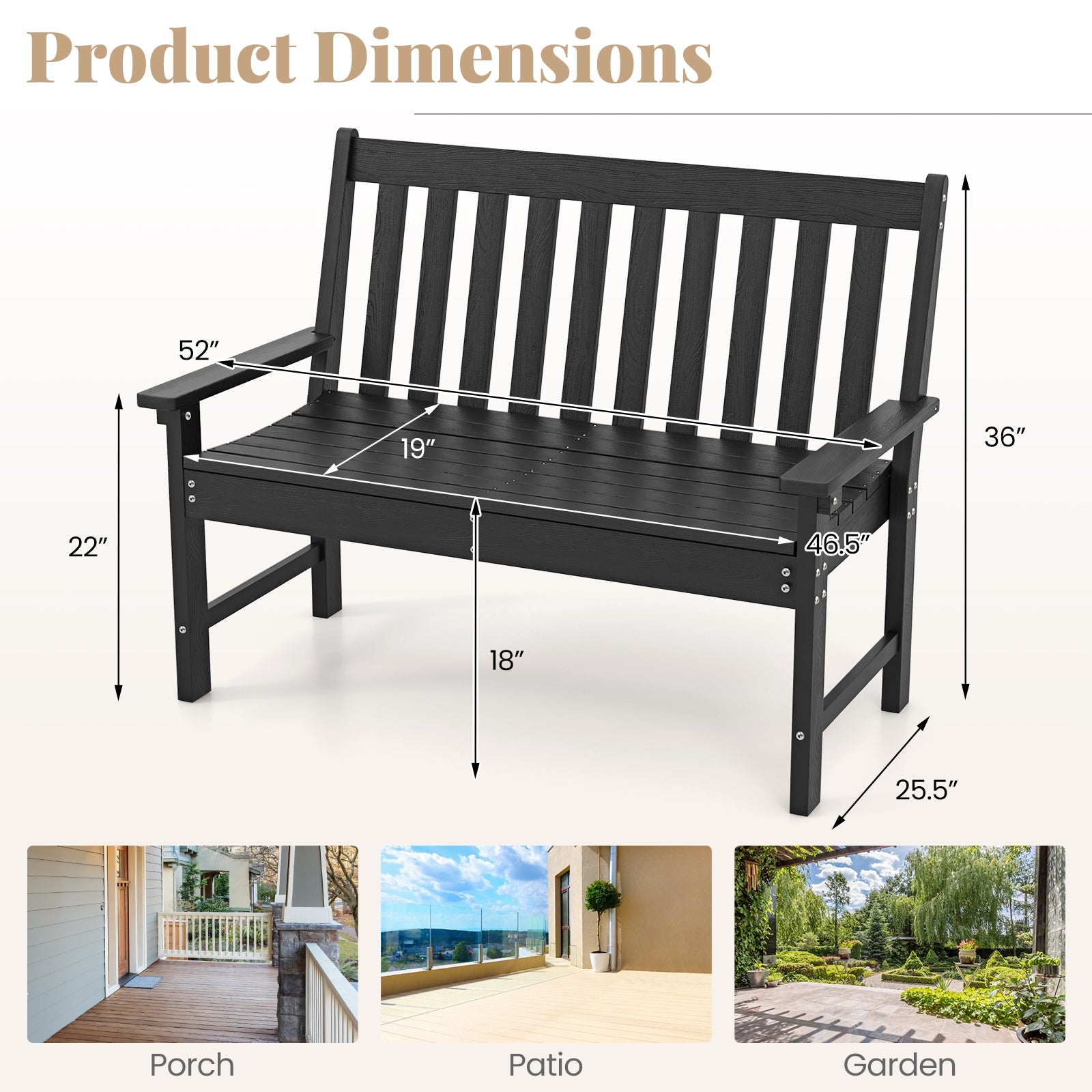 52 Inch All-Weather HDPE Outdoor Bench with Backrest and Armrests, Black Outdoor Benches at Gallery Canada