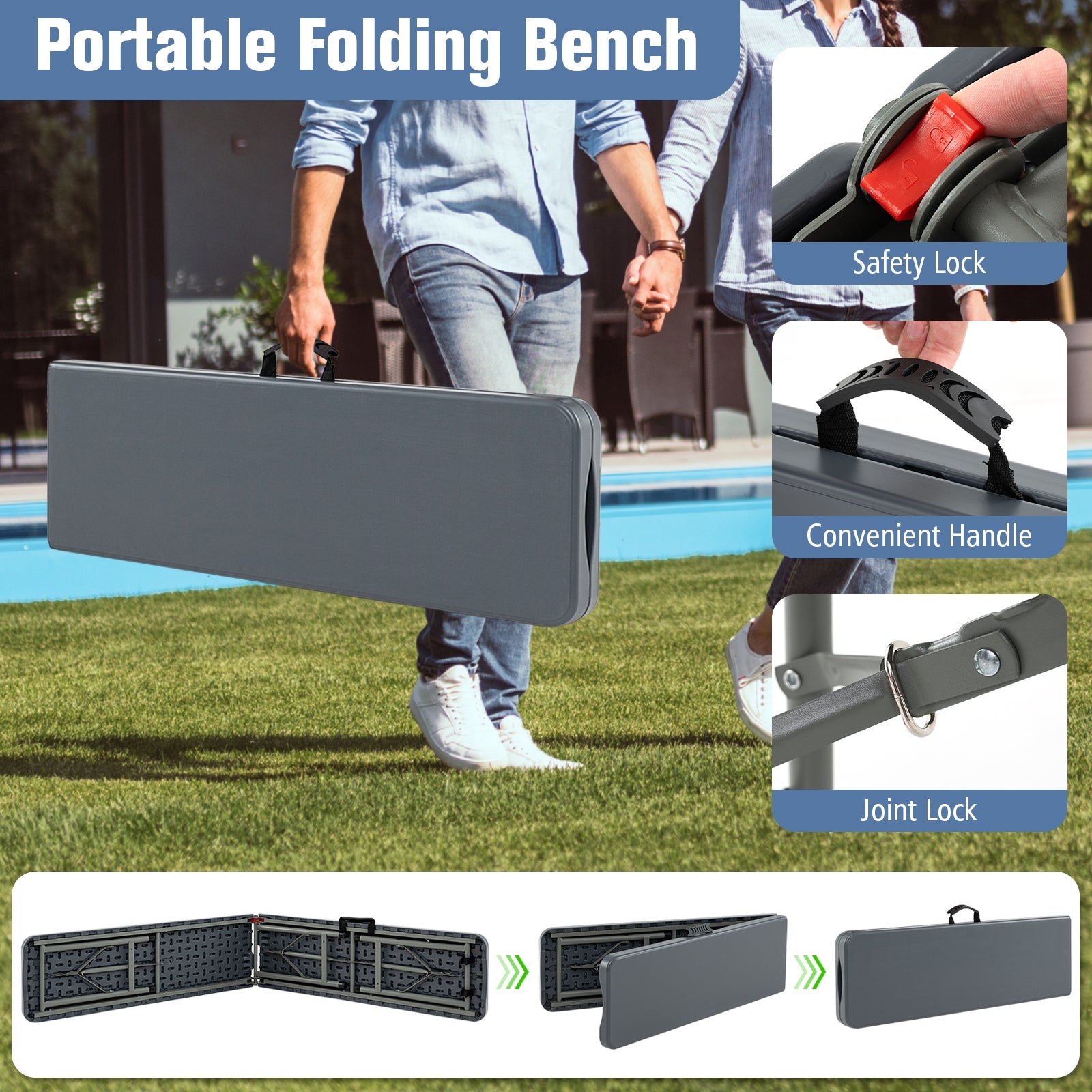 6 Feet Plastic Folding Bench Portable Seat with Handle and Lock, Gray Camping Furniture at Gallery Canada