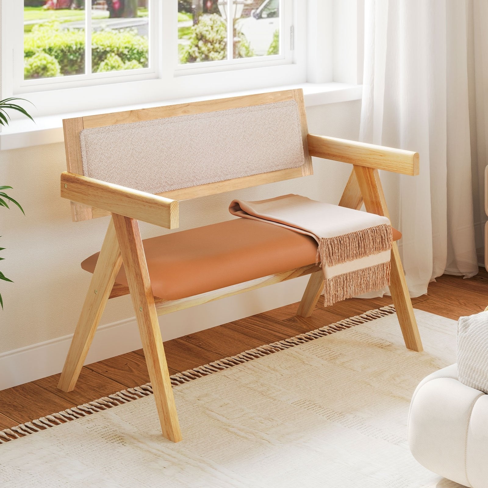 Rubber Wood Dining Bench with Armrest Sherpa Upholstered Backrest and Soft-padded Seat, Navy Outdoor Benches at Gallery Canada