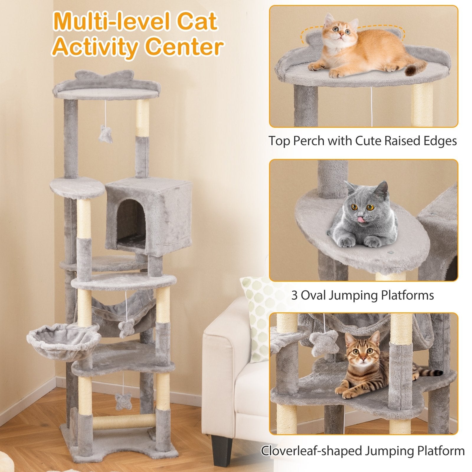 69 Inch Multi-level Cat Tree with Top Perch and Cozy Condo, Gray Cat Trees Condos & Scratchers at Gallery Canada