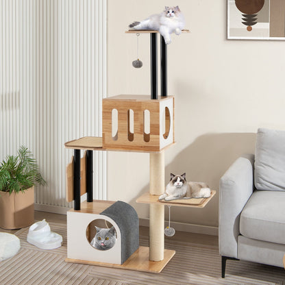 Modern Tall Cat Tower with Double Condos with Dangling Balls and Sisal Carpets, Natural Cat Trees Condos & Scratchers at Gallery Canada