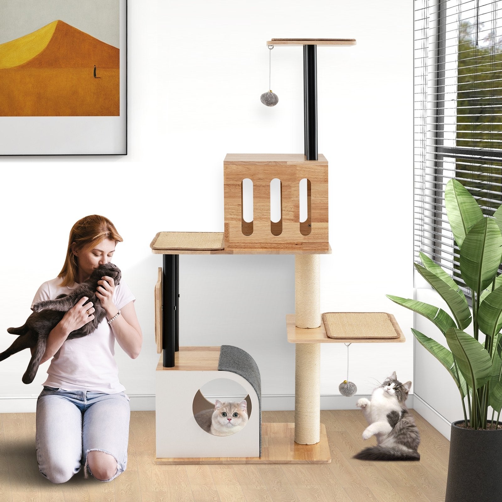 Modern Tall Cat Tower with Double Condos with Dangling Balls and Sisal Carpets, Natural Cat Trees Condos & Scratchers at Gallery Canada