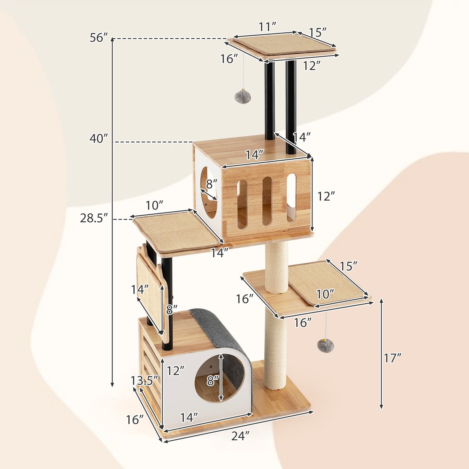 Modern Tall Cat Tower with Double Condos with Dangling Balls and Sisal Carpets, Natural Cat Trees Condos & Scratchers at Gallery Canada