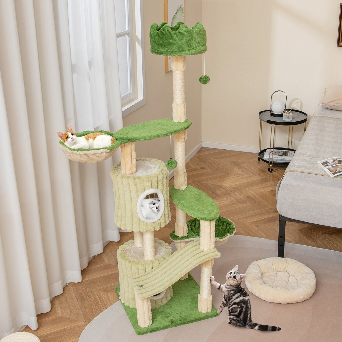 63 Inch Multi-Level Aesthetic Stripped Kitten Tower with 2 Condos, Green Cat Trees Condos & Scratchers at Gallery Canada