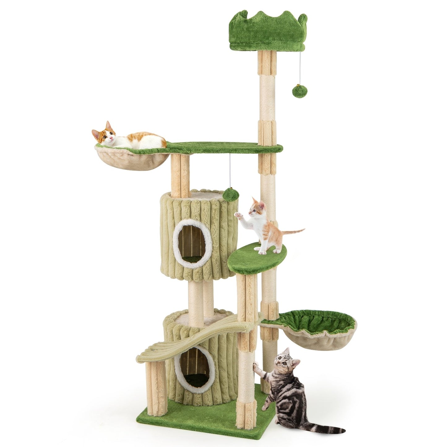 63 Inch Multi-Level Aesthetic Stripped Kitten Tower with 2 Condos, Green Cat Trees Condos & Scratchers Green at Gallery Canada