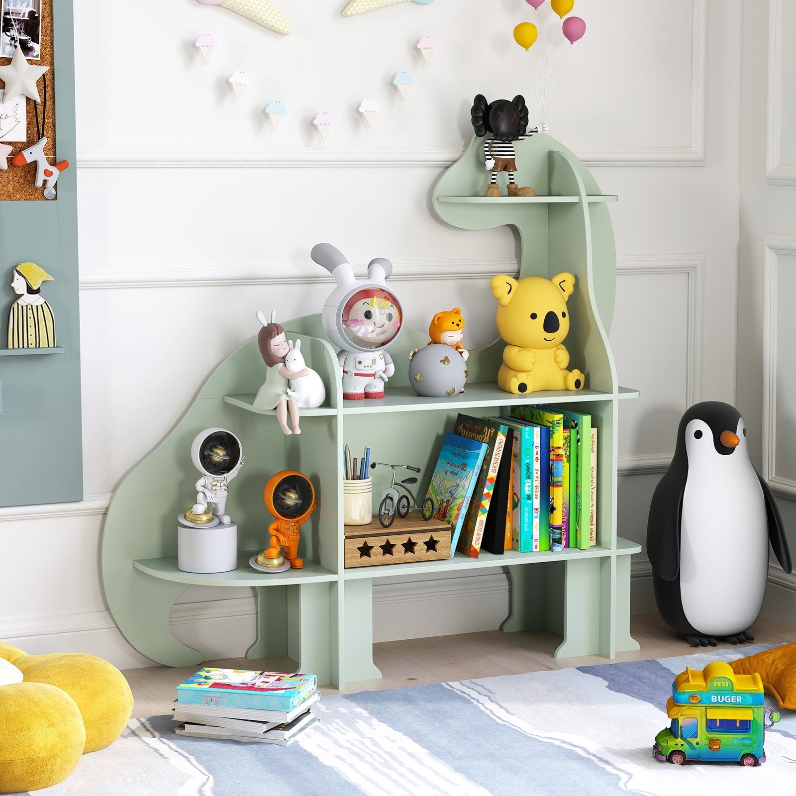 3-Tier Dinosaur Kids Bookshelf for Children, Green Kids Storage at Gallery Canada