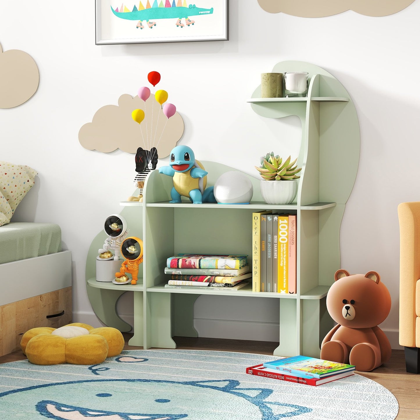 3-Tier Dinosaur Kids Bookshelf for Children, Green Kids Storage at Gallery Canada