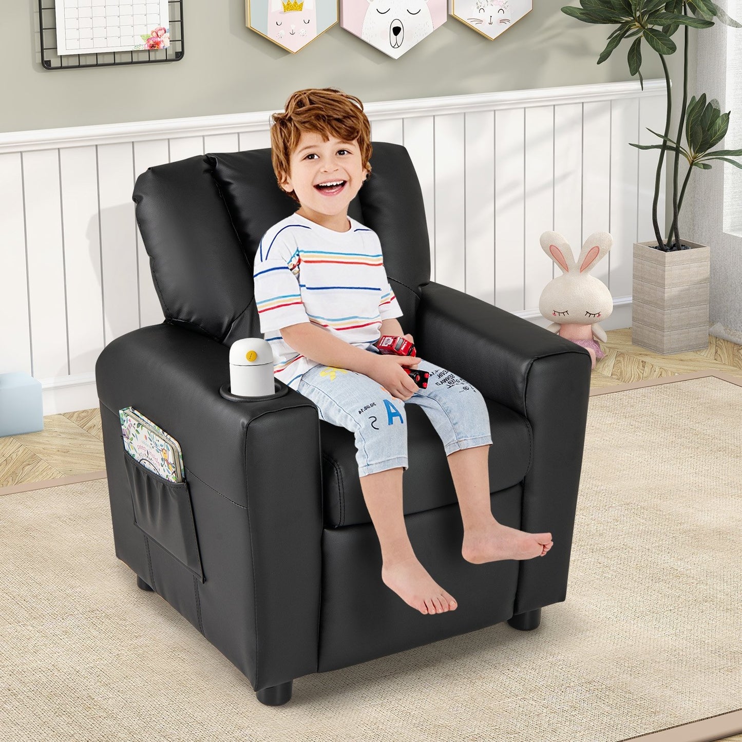 Kids Recliner Chair PU Leather Push Back Toddler Recliner with Cup Holder and Side Pocket, Black Kids Chairs & Seating at Gallery Canada