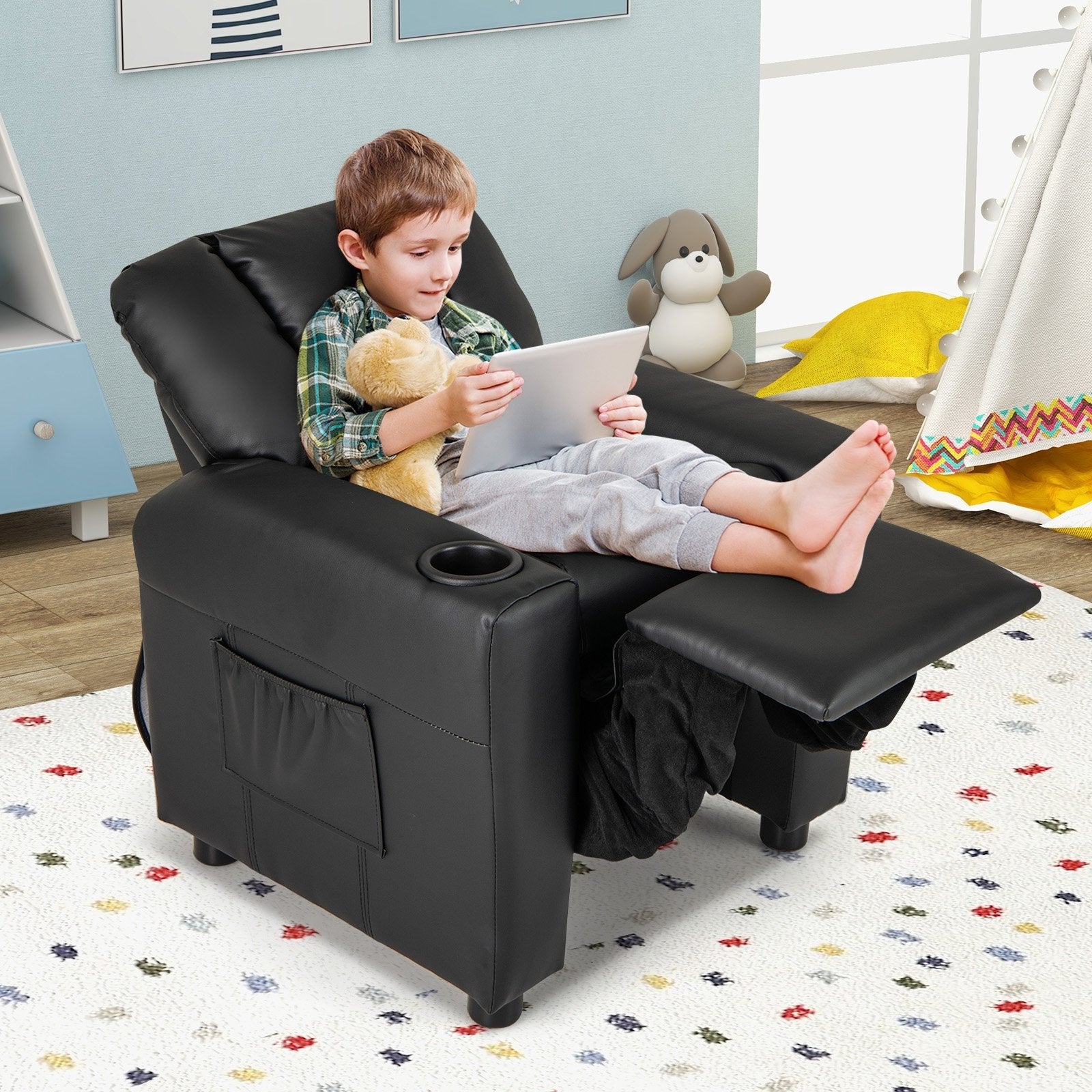 Kids Recliner Chair PU Leather Push Back Toddler Recliner with Cup Holder and Side Pocket, Black Kids Chairs & Seating at Gallery Canada