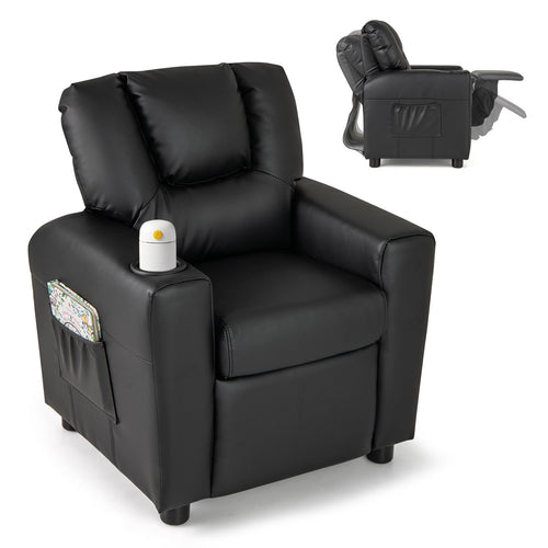 Kids Recliner Chair PU Leather Push Back Toddler Recliner with Cup Holder and Side Pocket, Black