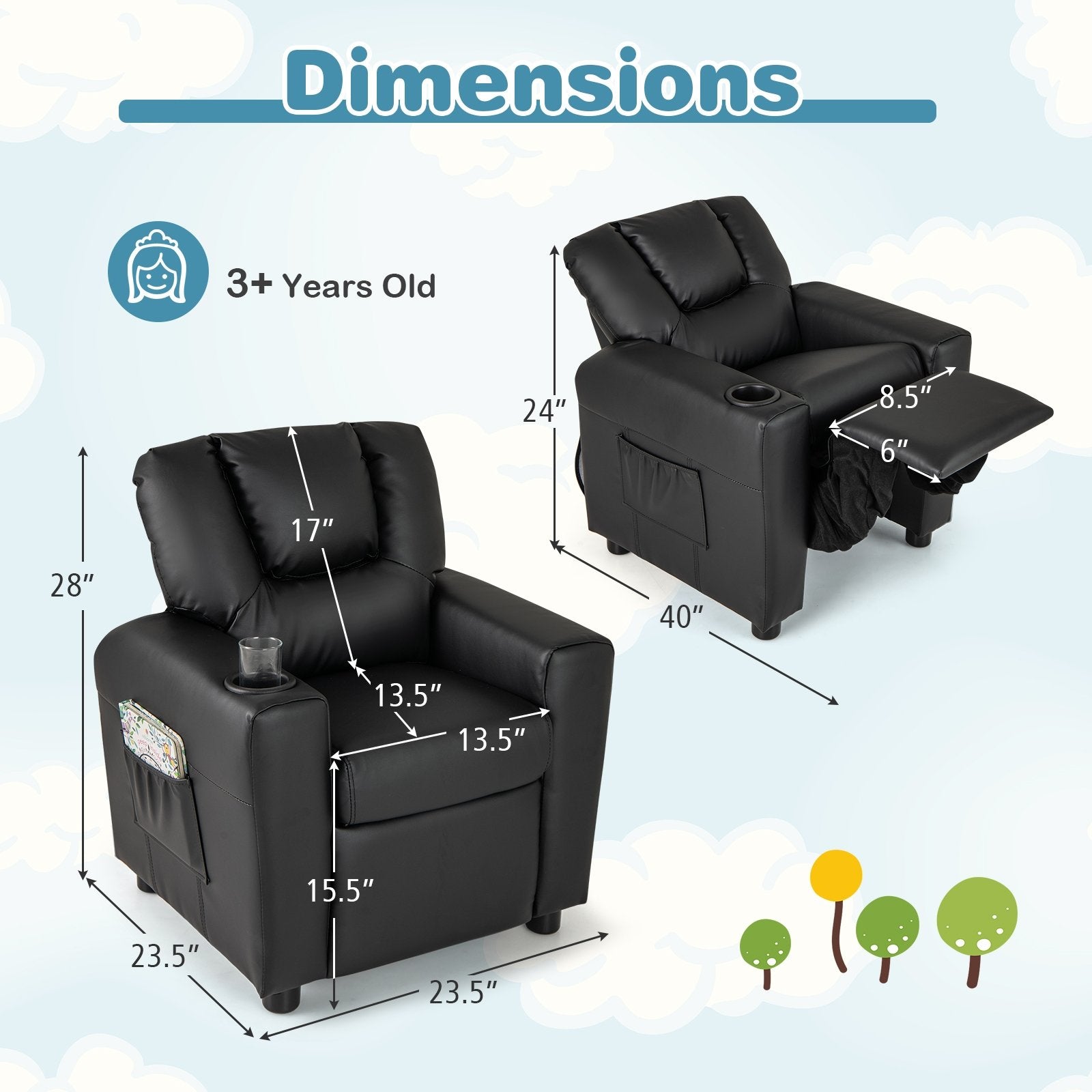 Kids Recliner Chair PU Leather Push Back Toddler Recliner with Cup Holder and Side Pocket, Black Kids Chairs & Seating at Gallery Canada