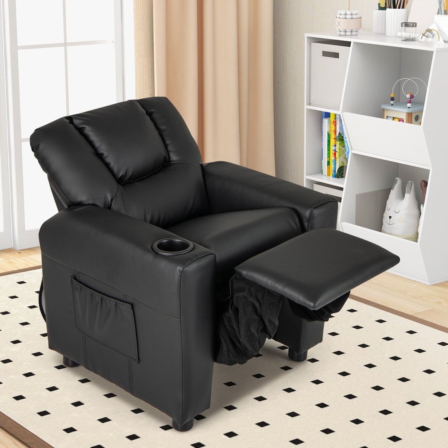 Kids Recliner Chair PU Leather Push Back Toddler Recliner with Cup Holder and Side Pocket, Black Kids Chairs & Seating at Gallery Canada