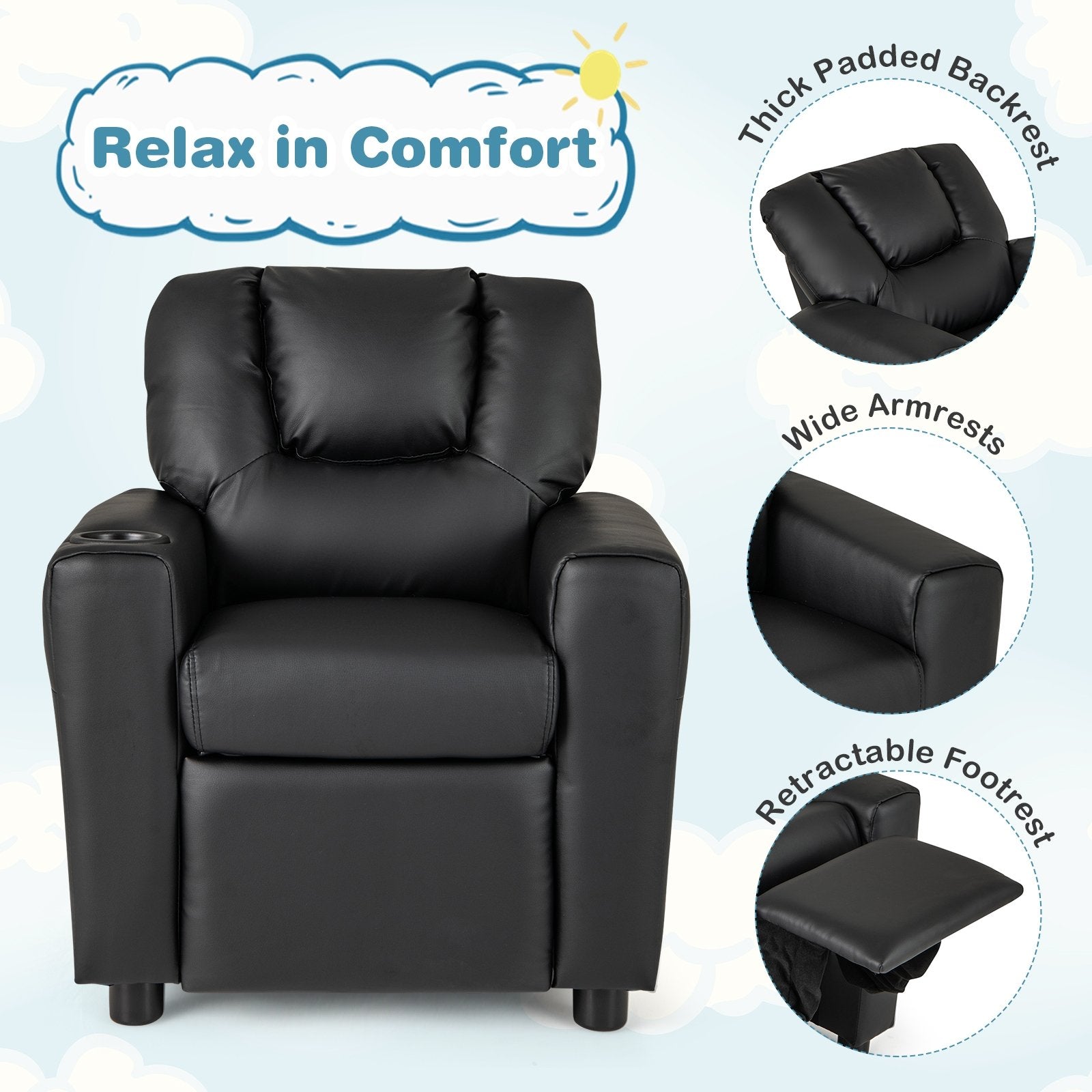 Kids Recliner Chair PU Leather Push Back Toddler Recliner with Cup Holder and Side Pocket, Black Kids Chairs & Seating at Gallery Canada