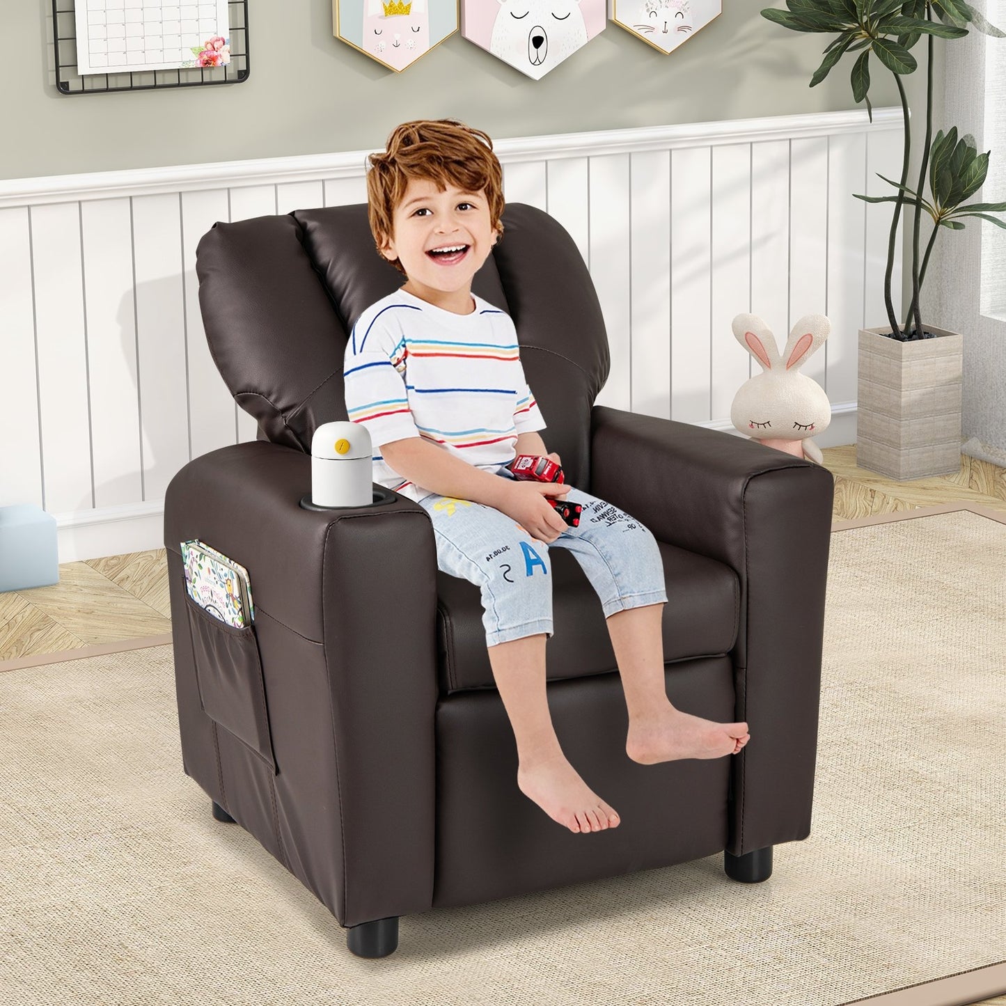 Kids Recliner Chair PU Leather Push Back Toddler Recliner with Cup Holder and Side Pocket, Brown Kids Chairs & Seating at Gallery Canada