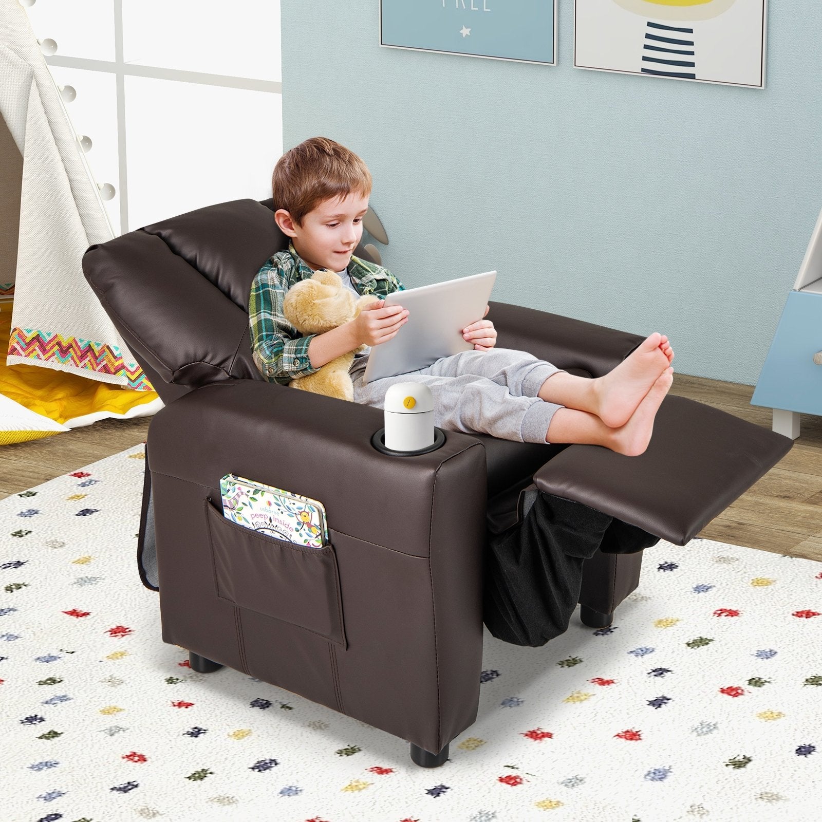 Kids Recliner Chair PU Leather Push Back Toddler Recliner with Cup Holder and Side Pocket, Brown Kids Chairs & Seating at Gallery Canada