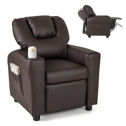 Kids Recliner Chair PU Leather Push Back Toddler Recliner with Cup Holder and Side Pocket, Brown Kids Chairs & Seating Brown at Gallery Canada