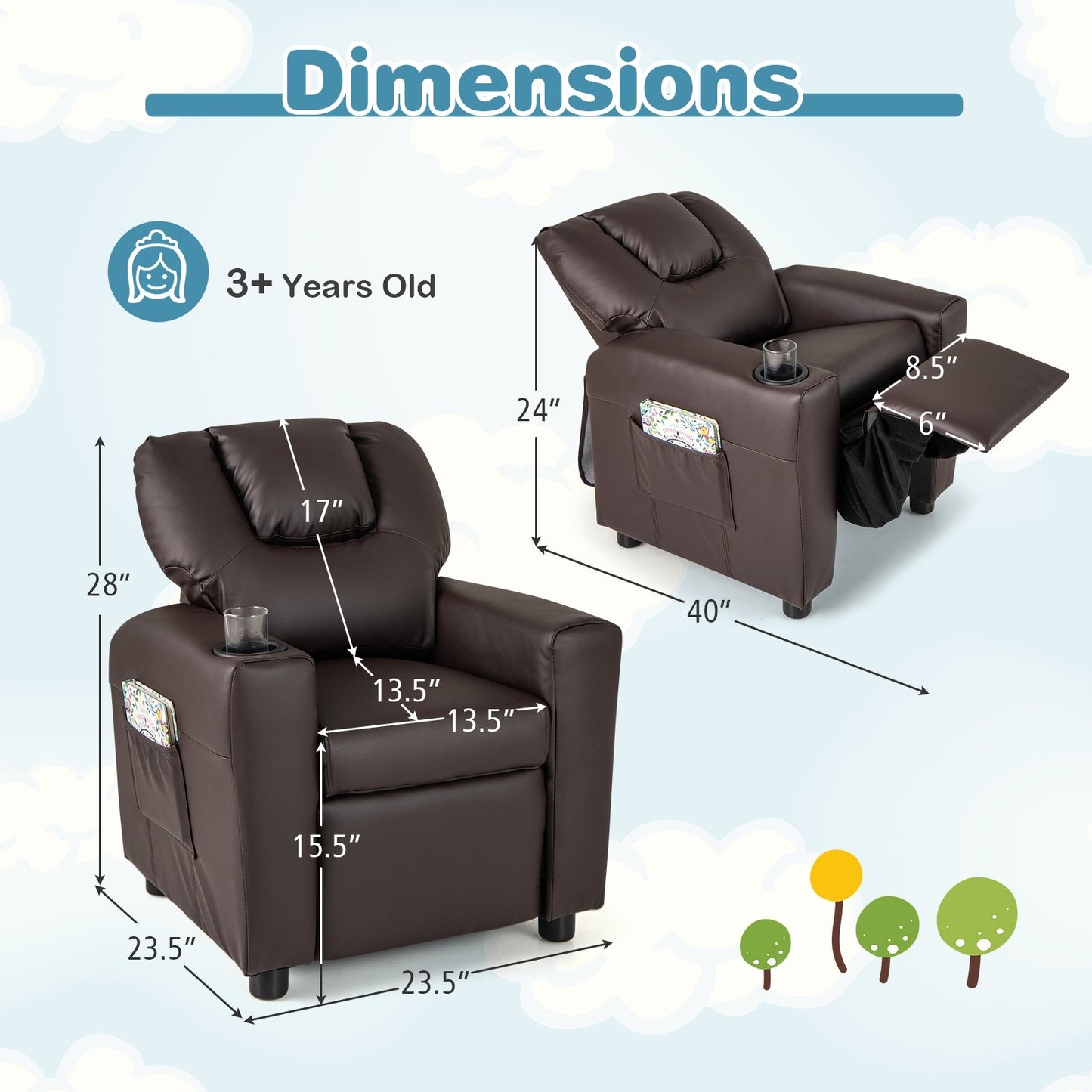 Kids Recliner Chair PU Leather Push Back Toddler Recliner with Cup Holder and Side Pocket, Brown Kids Chairs & Seating at Gallery Canada