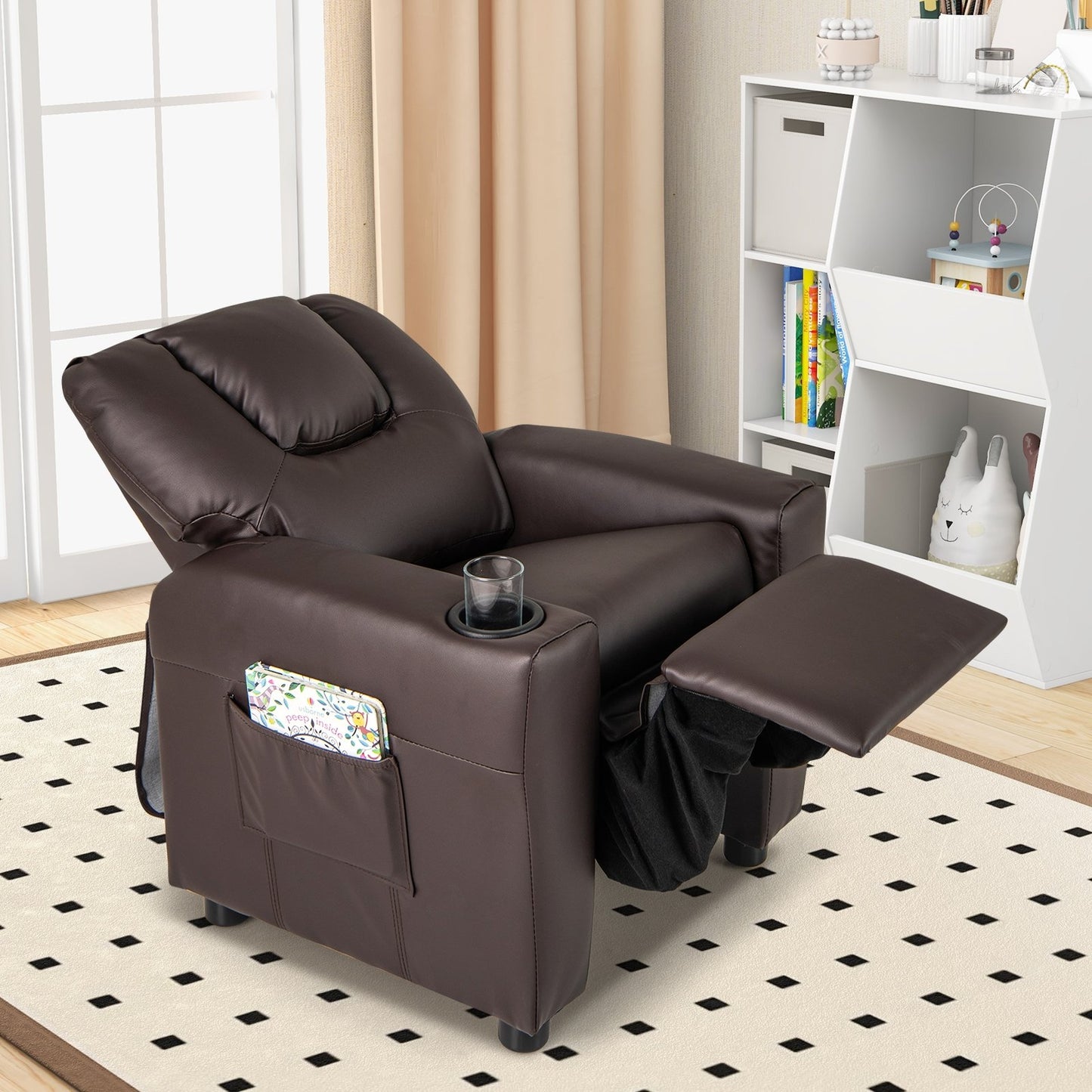 Kids Recliner Chair PU Leather Push Back Toddler Recliner with Cup Holder and Side Pocket, Brown Kids Chairs & Seating at Gallery Canada