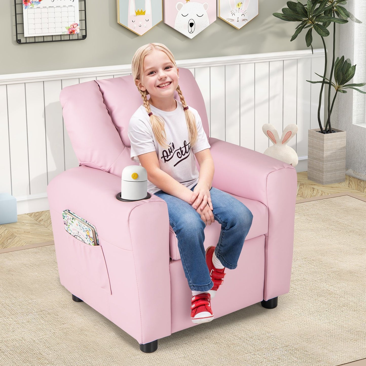 Kids Recliner Chair PU Leather Push Back Toddler Recliner with Cup Holder and Side Pocket, Pink Kids Chairs & Seating at Gallery Canada