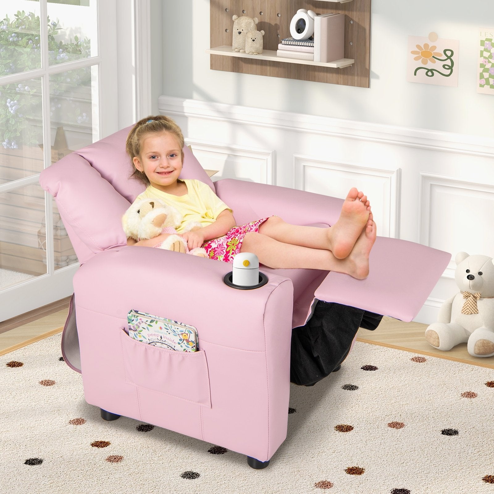 Kids Recliner Chair PU Leather Push Back Toddler Recliner with Cup Holder and Side Pocket, Pink Kids Chairs & Seating at Gallery Canada