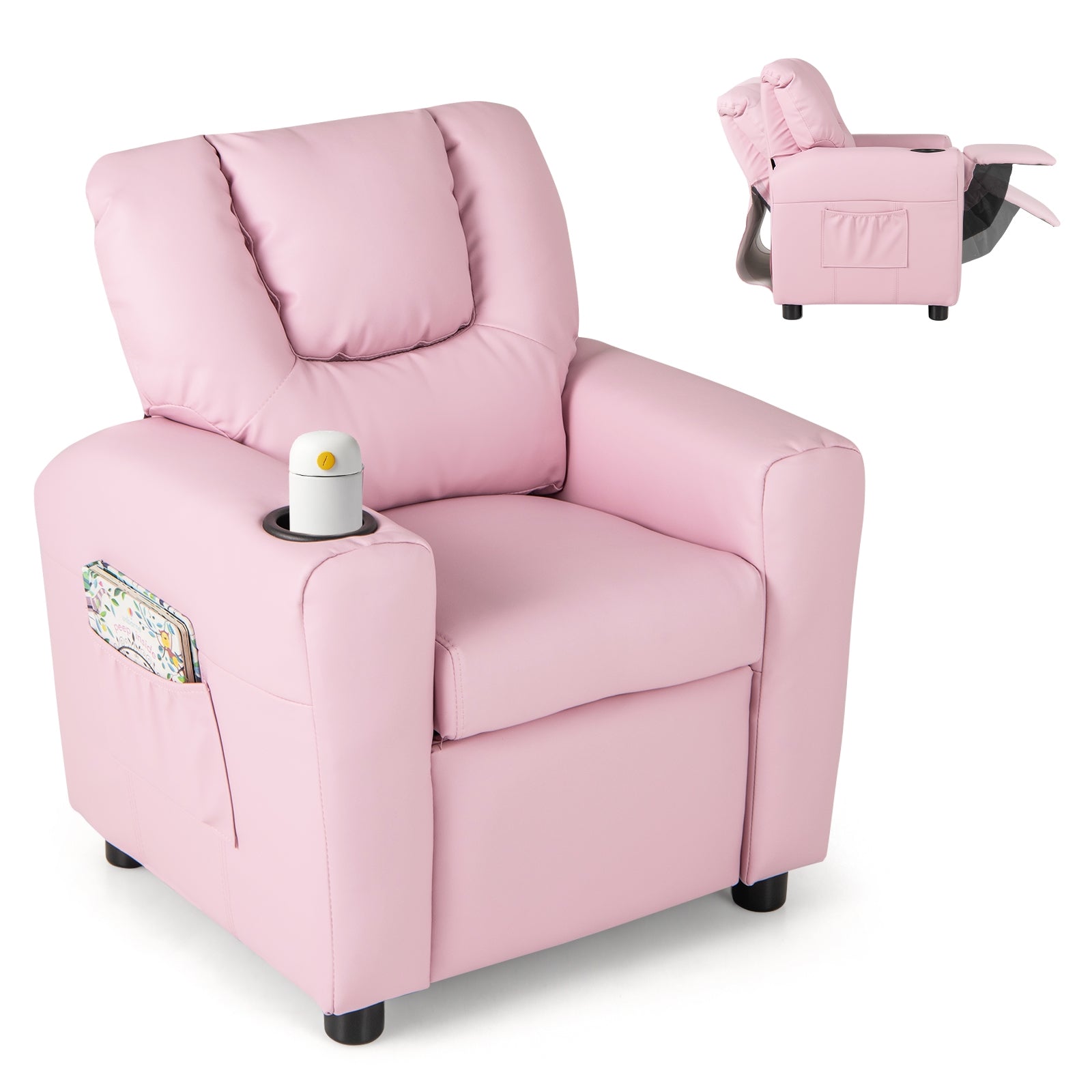 Kids Recliner Chair PU Leather Push Back Toddler Recliner with Cup Holder and Side Pocket, Pink Kids Chairs & Seating Pink at Gallery Canada