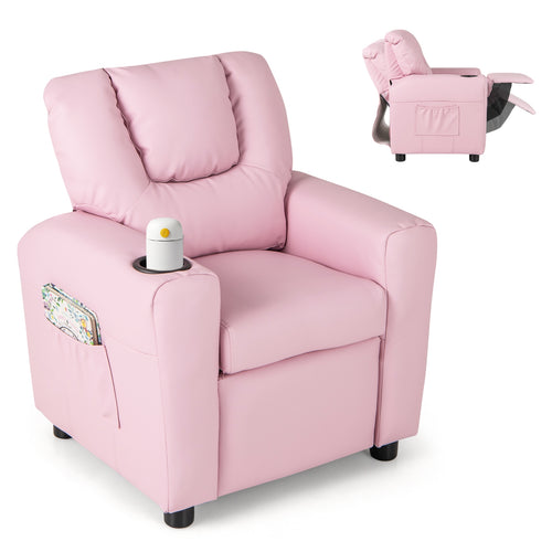 Kids Recliner Chair PU Leather Push Back Toddler Recliner with Cup Holder and Side Pocket, Pink