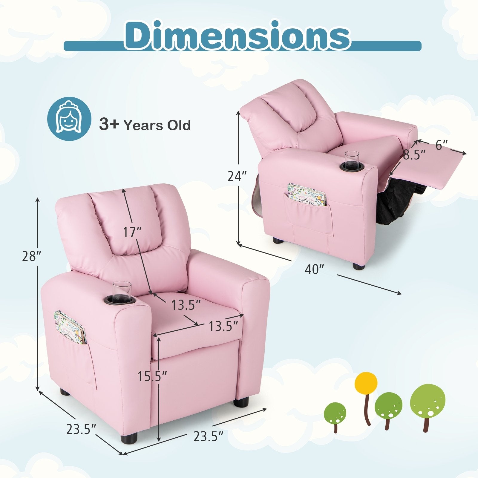 Kids Recliner Chair PU Leather Push Back Toddler Recliner with Cup Holder and Side Pocket, Pink Kids Chairs & Seating at Gallery Canada