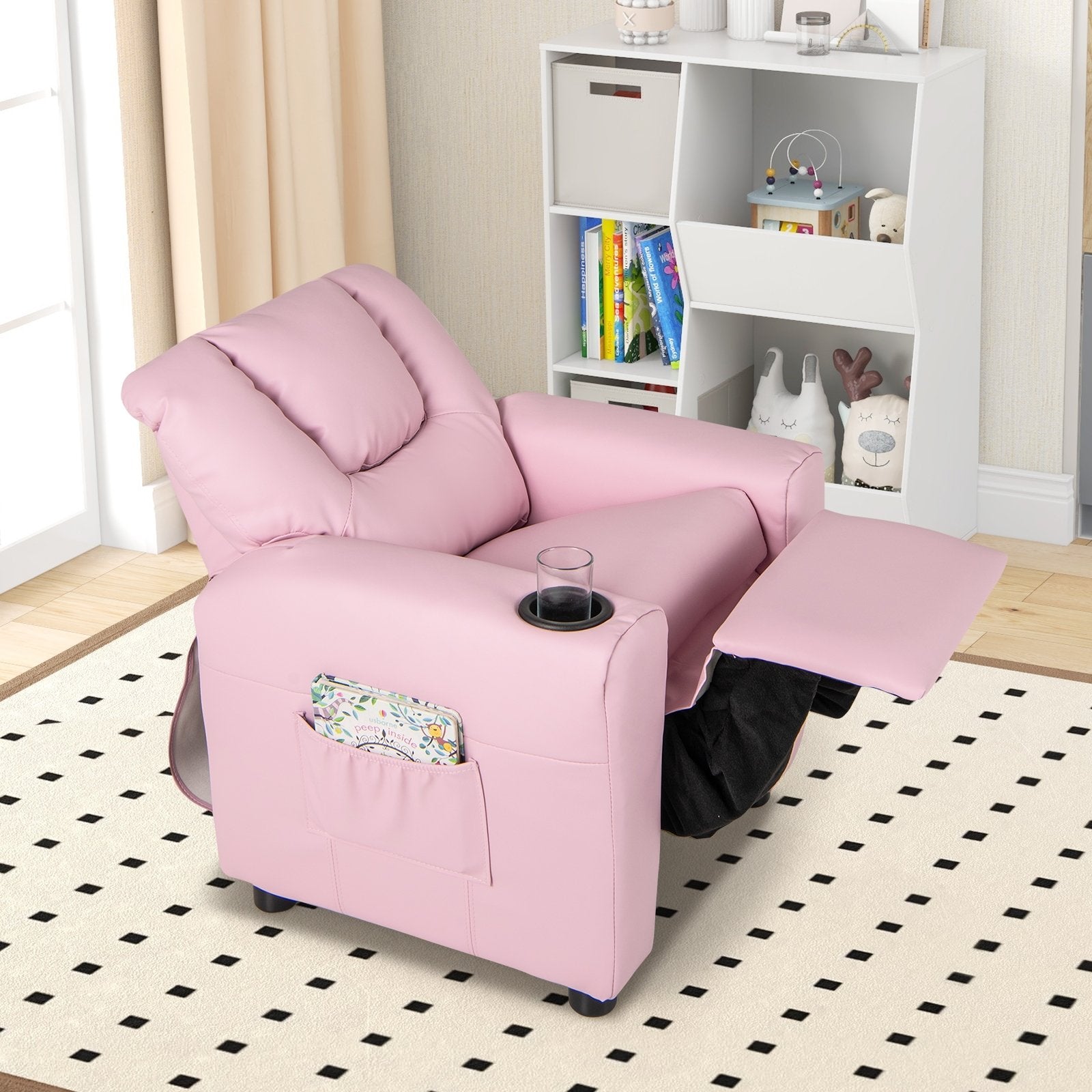 Kids Recliner Chair PU Leather Push Back Toddler Recliner with Cup Holder and Side Pocket, Pink Kids Chairs & Seating at Gallery Canada