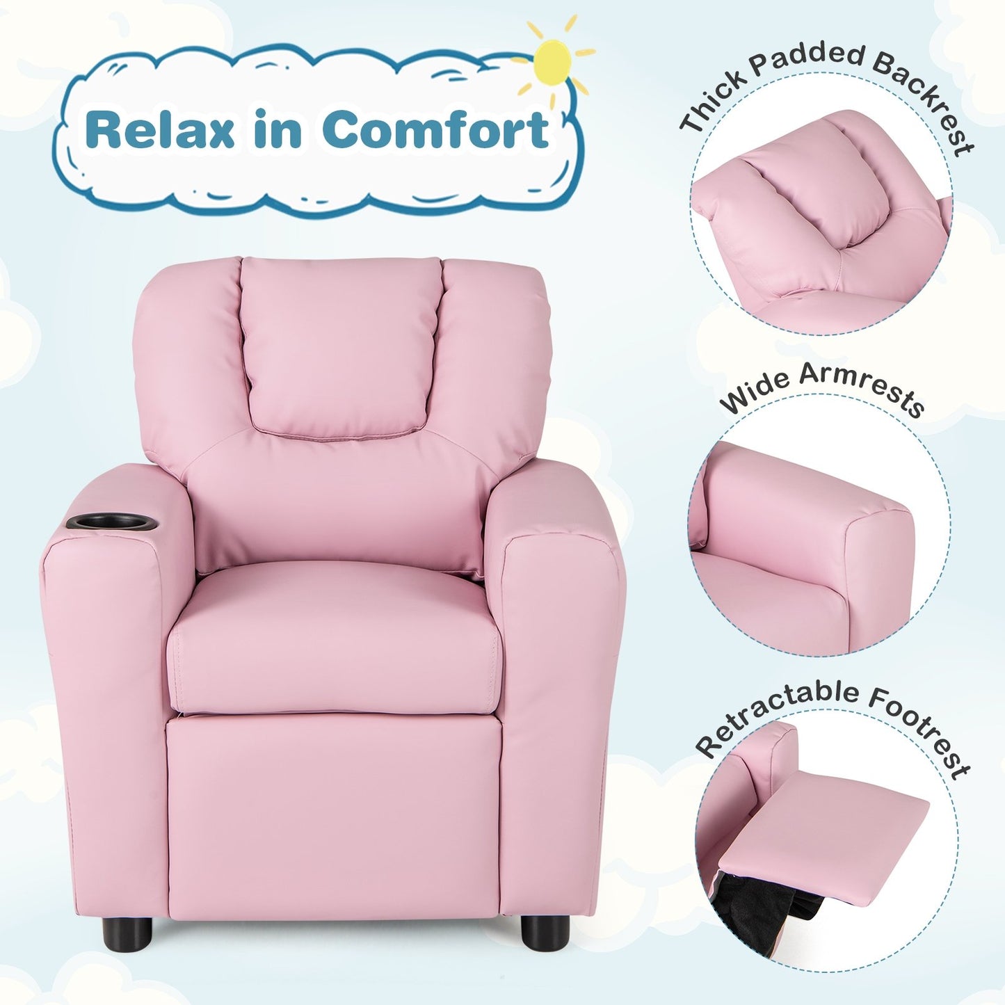 Kids Recliner Chair PU Leather Push Back Toddler Recliner with Cup Holder and Side Pocket, Pink Kids Chairs & Seating at Gallery Canada