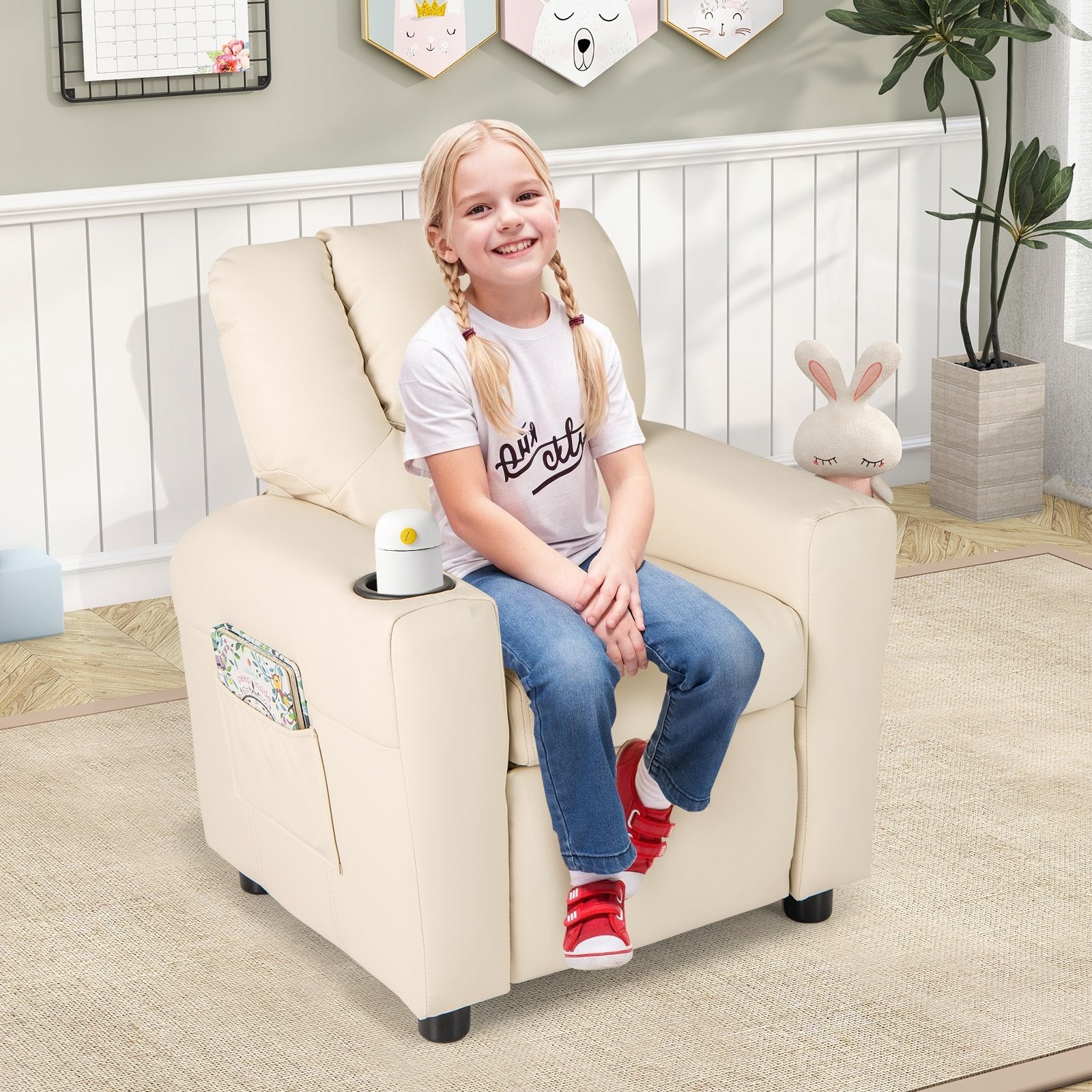 Kids Recliner Chair PU Leather Push Back Toddler Recliner with Cup Holder and Side Pocket, Beige Kids Chairs & Seating at Gallery Canada