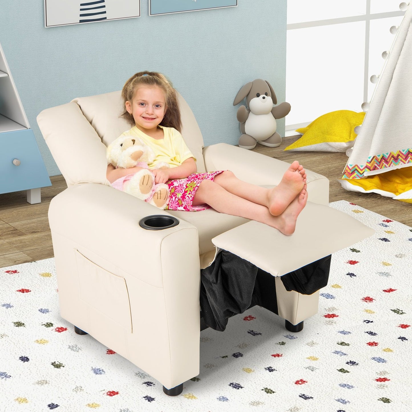 Kids Recliner Chair PU Leather Push Back Toddler Recliner with Cup Holder and Side Pocket, Beige Kids Chairs & Seating at Gallery Canada