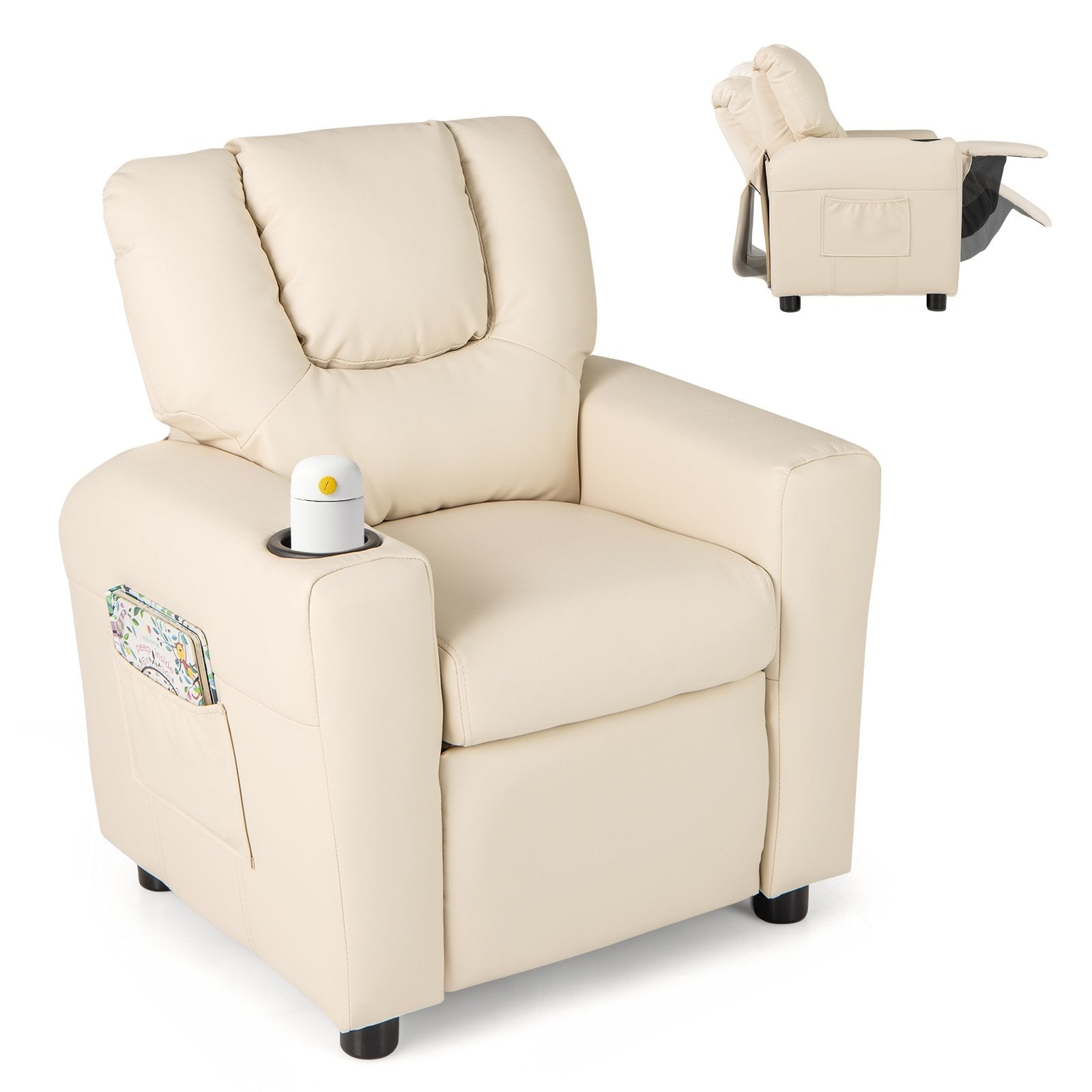 Kids Recliner Chair PU Leather Push Back Toddler Recliner with Cup Holder and Side Pocket, Beige Kids Chairs & Seating Beige at Gallery Canada