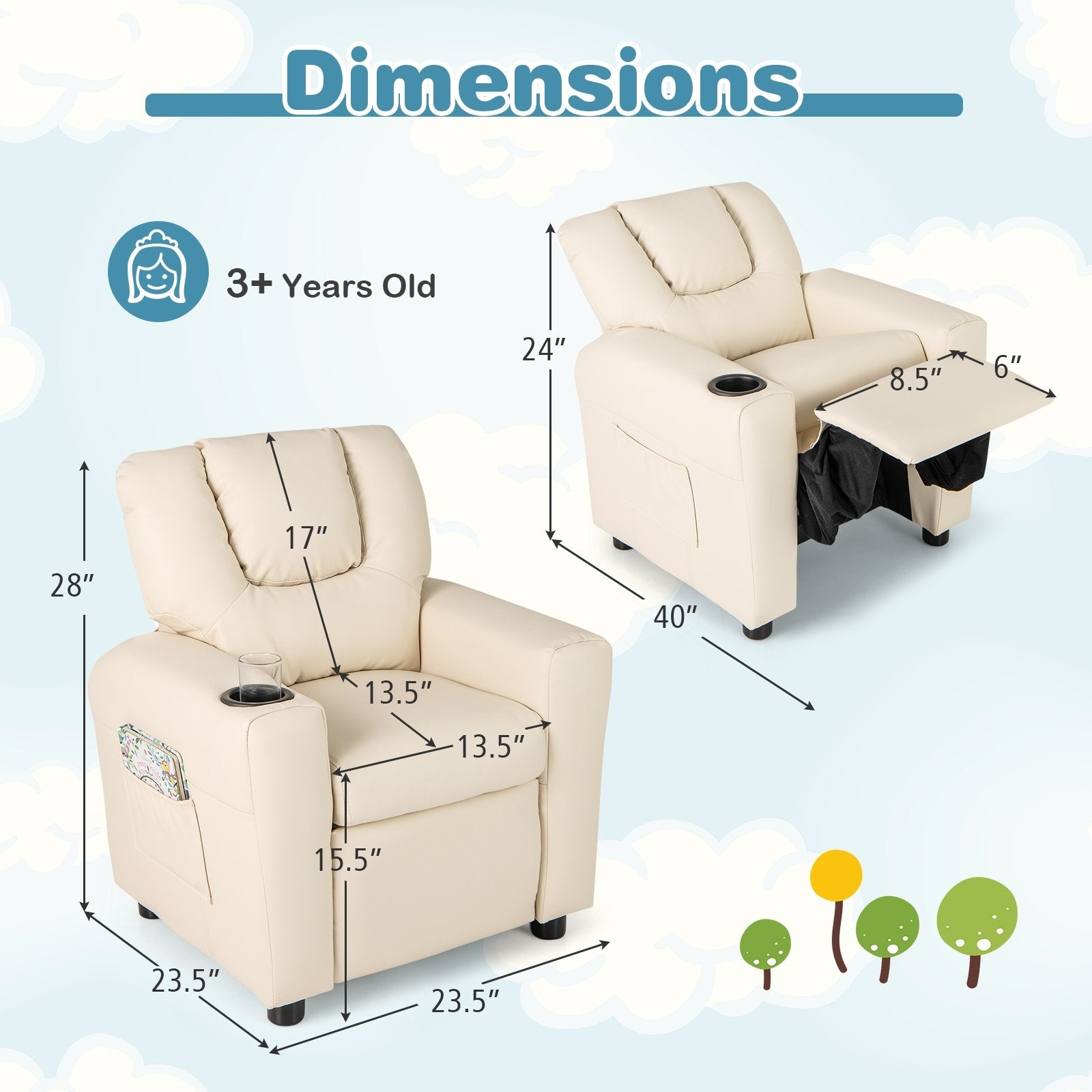 Kids Recliner Chair PU Leather Push Back Toddler Recliner with Cup Holder and Side Pocket, Beige Kids Chairs & Seating at Gallery Canada