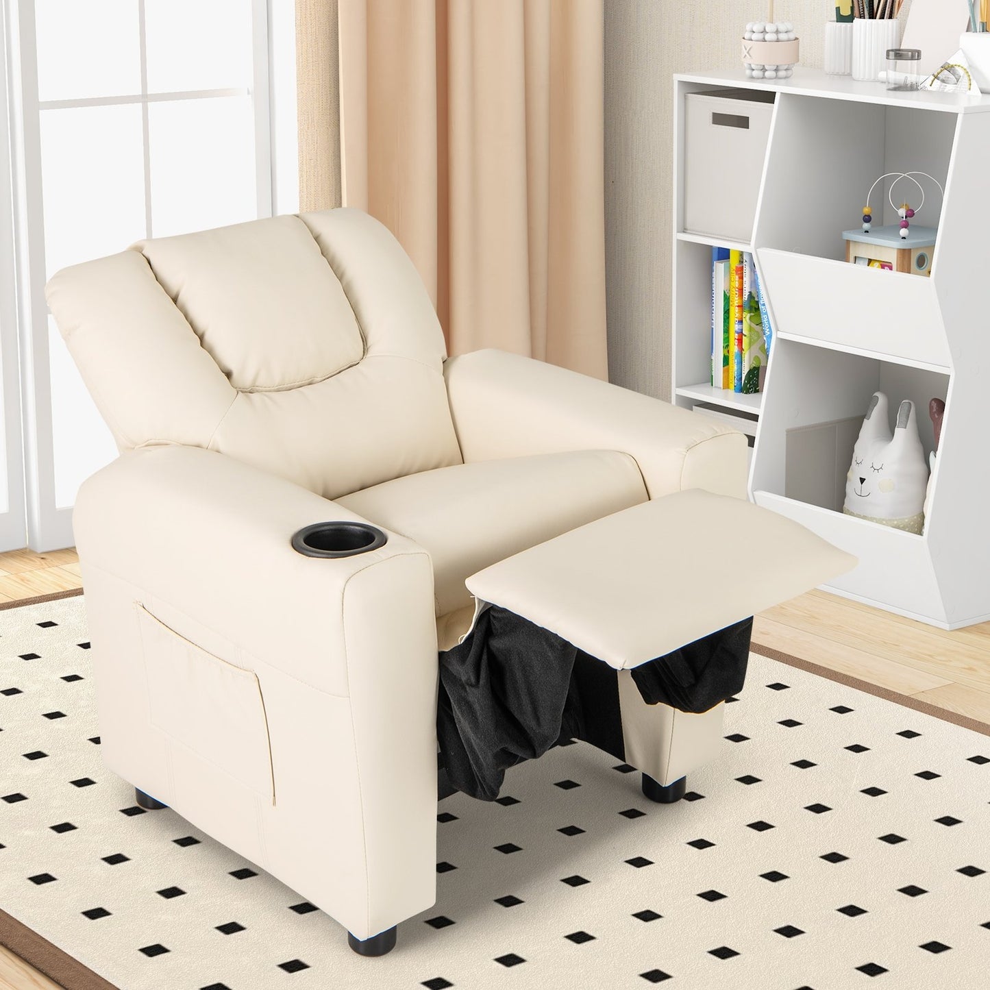 Kids Recliner Chair PU Leather Push Back Toddler Recliner with Cup Holder and Side Pocket, Beige Kids Chairs & Seating at Gallery Canada