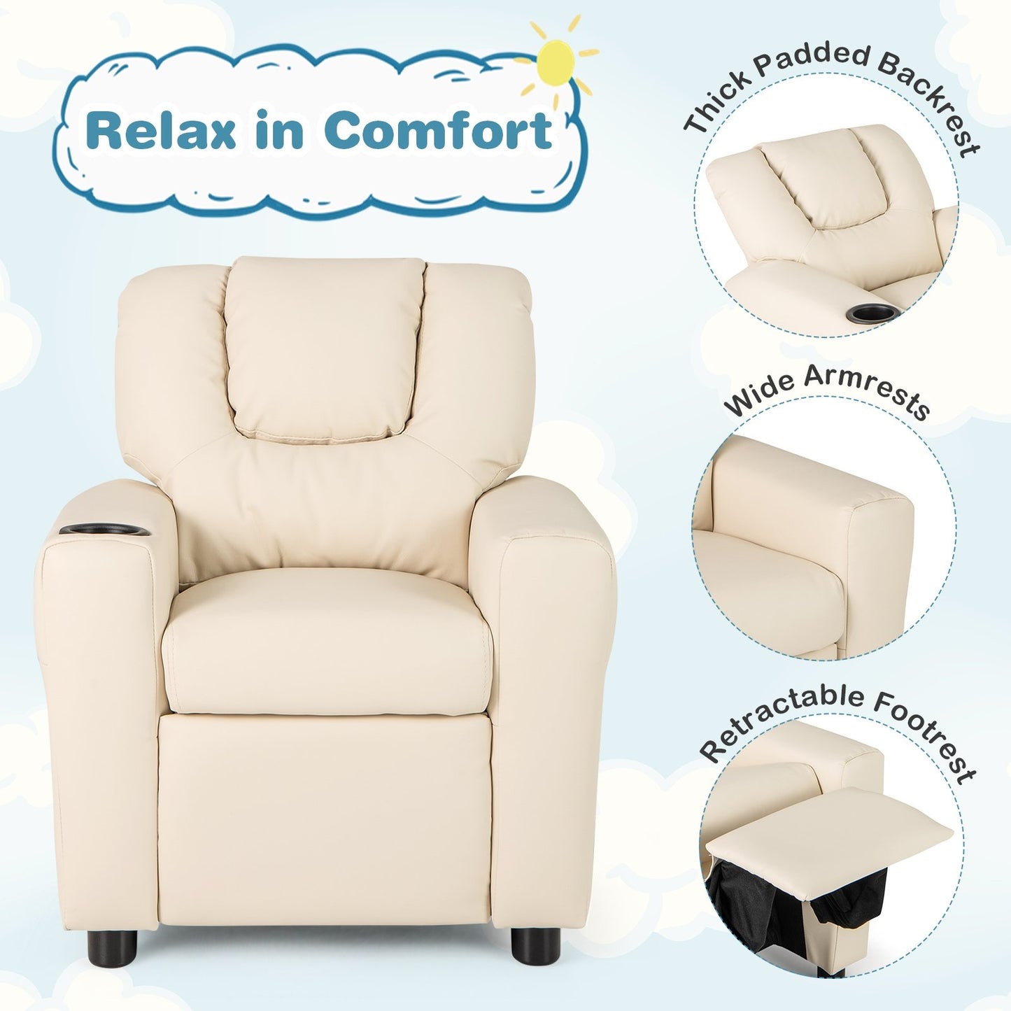 Kids Recliner Chair PU Leather Push Back Toddler Recliner with Cup Holder and Side Pocket, Beige Kids Chairs & Seating at Gallery Canada