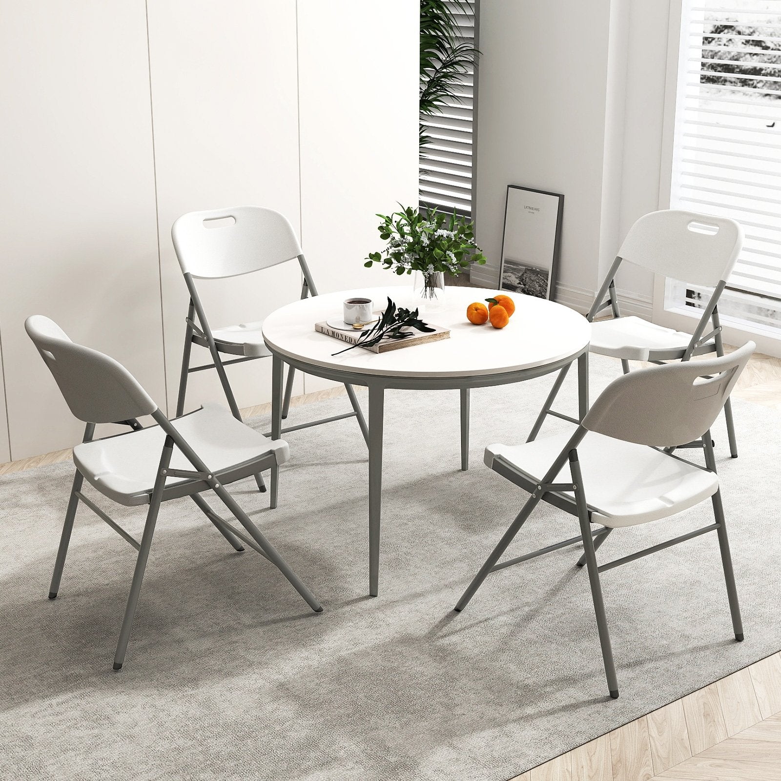 4 Pack Folding Stackable Chairs with Metal Frame and Carrying Handle, White Dining Chairs at Gallery Canada