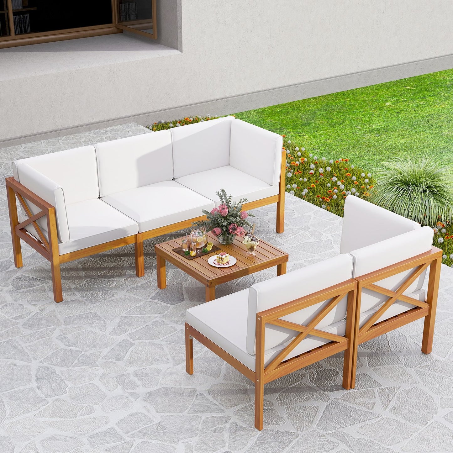 Outdoor 6 Pieces Acacia Wood Patio Sectional Furniture Set, Off White Outdoor Sectionals at Gallery Canada