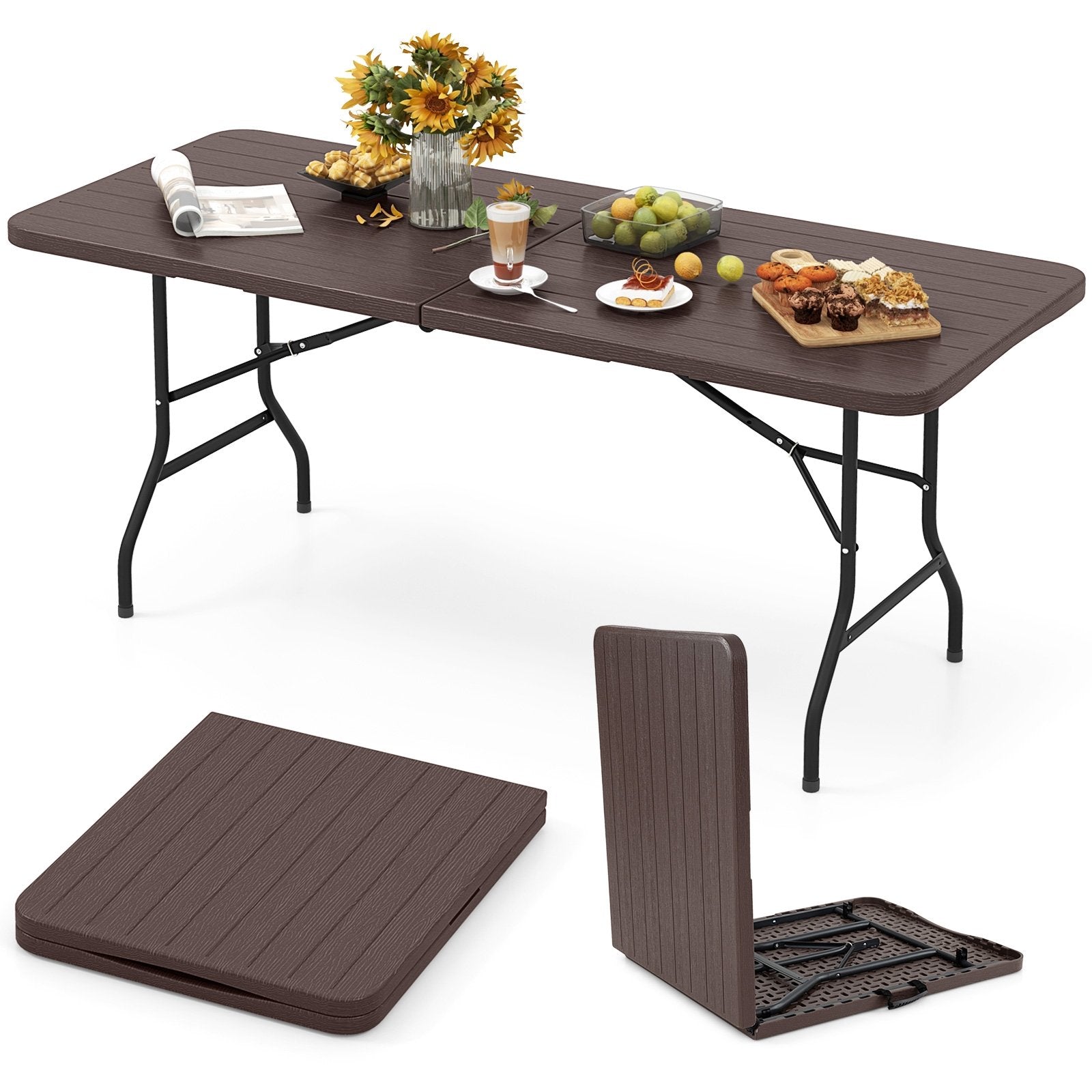 6 Feet Folding Table with Wood Grain HDPE Tabletop and Safe Lock Mechanism, Brown Picnic Tables Brown at Gallery Canada