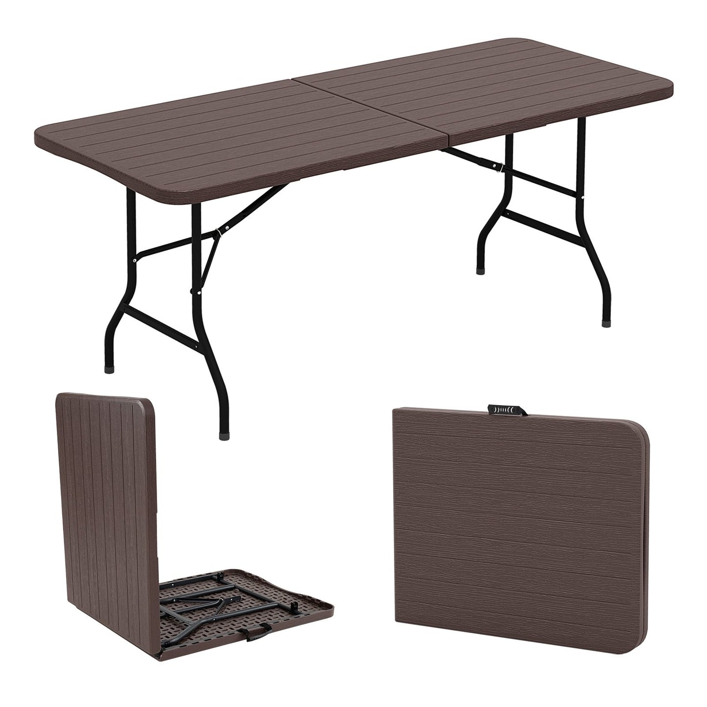 6 Feet Folding Table with Wood Grain HDPE Tabletop and Safe Lock Mechanism, Brown Picnic Tables at Gallery Canada