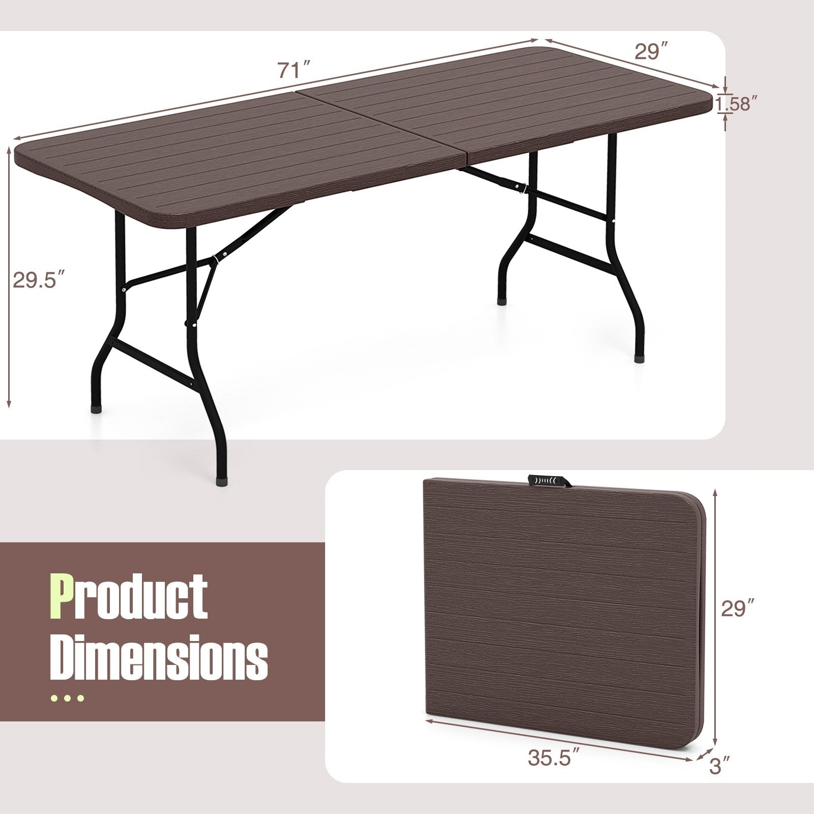 6 Feet Folding Table with Wood Grain HDPE Tabletop and Safe Lock Mechanism, Brown Picnic Tables at Gallery Canada