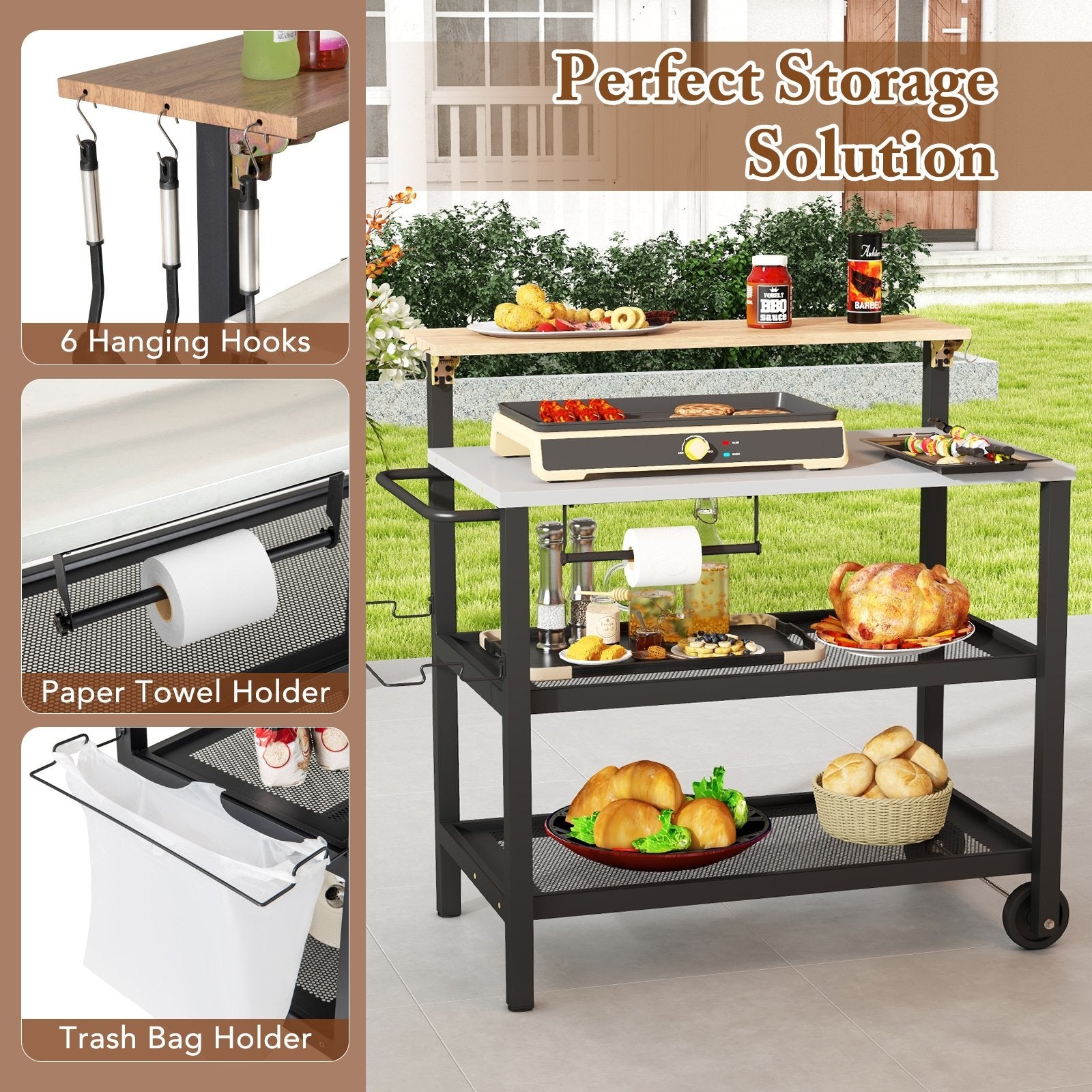 Rolling Bar Cart with Flip-up Table and Hooks for Kitchen, Black Baker's Racks at Gallery Canada