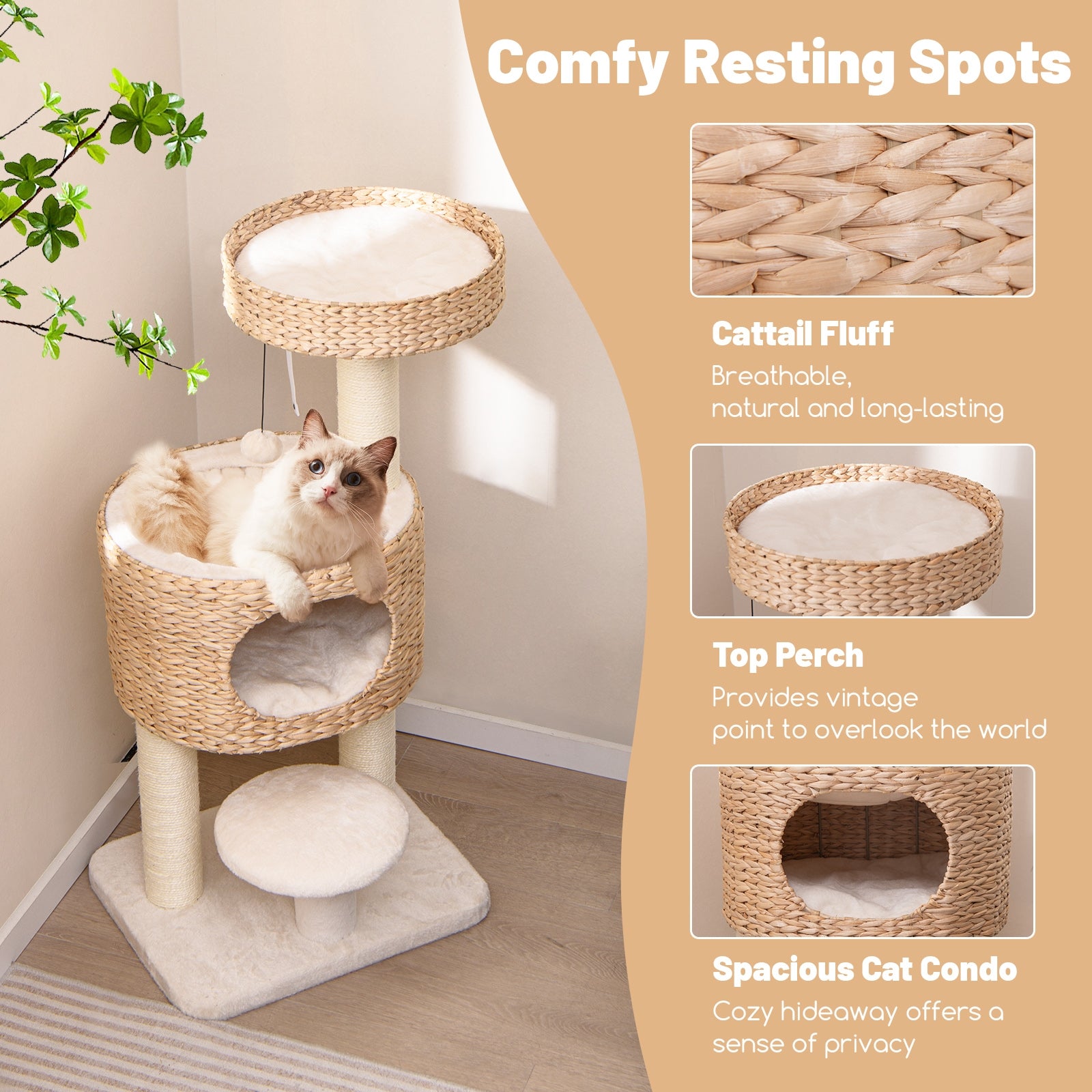 Modern Cat Tower Cat Tree with Top Perch Cattail Fluff Condo, Natural Cat Trees Condos & Scratchers at Gallery Canada