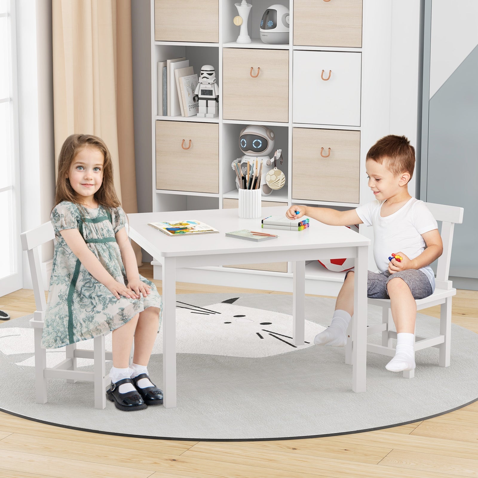 Wooden Kids Table and 2 Chairs Set with Anti-slip Foot Pads, White Kids Table & Chair Sets at Gallery Canada