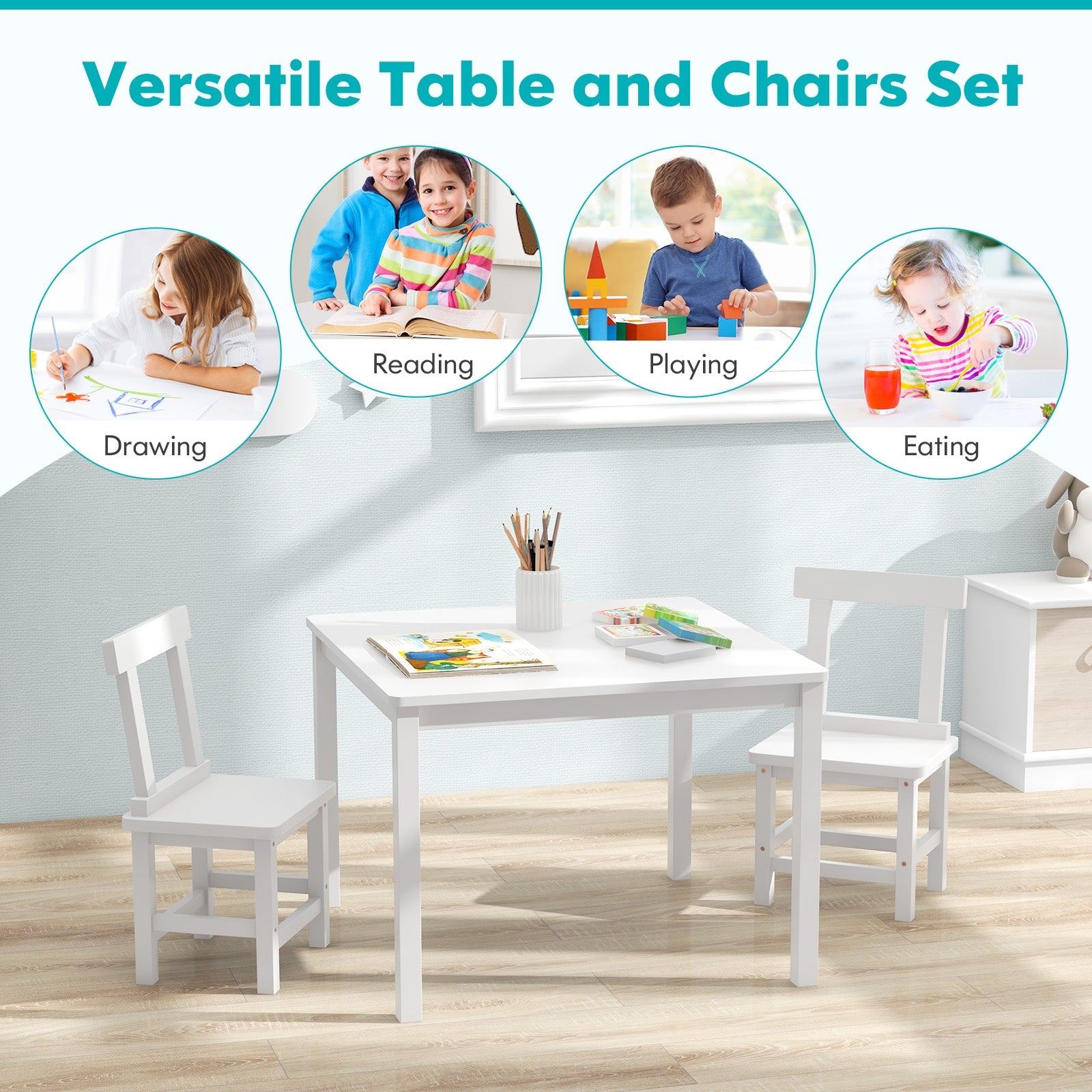 Wooden Kids Table and 2 Chairs Set with Anti-slip Foot Pads, White Kids Table & Chair Sets at Gallery Canada